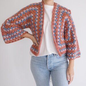 Handmade Crochet Granny Square Cardigan Dusty Rose & Blue Balletcore Sweater S